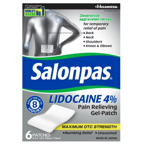 Salonpas Lidocaine Pain Relieving Gel-Patch with Maximum Strength Lidocaine, 6 Count