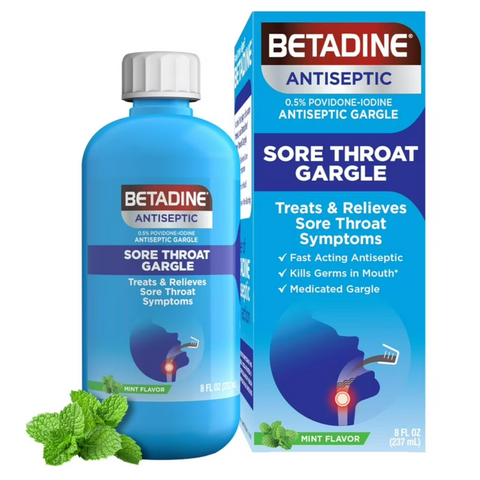 Betadine Antiseptic Medicated Gargle, Povidone-Iodine 0.5%, Treat Sore Throat Symptoms, Mint, 8oz