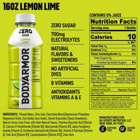 BodyArmor Zero Sugar Lemon Lime Electrolyte Sports Drink, 16 fl oz