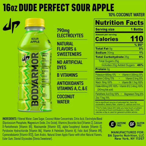 BodyArmor Dude Perfect Sour Apple Bottle, 16 fl oz