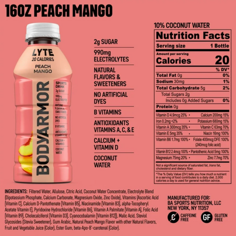BodyArmor LYTE Sports Drink, Peach Mango, 16 Fl. oz.
