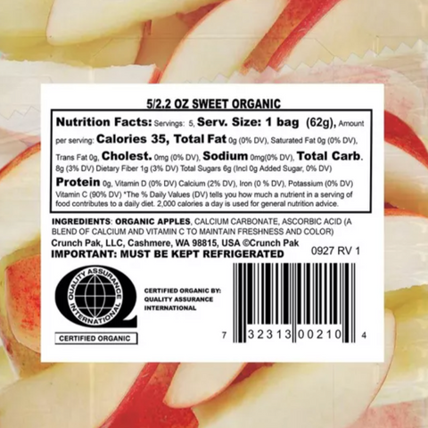 Crunch Pak Organic Sweet Apple Slices, 11oz, 5 Count
