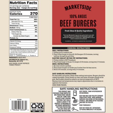 Marketside 100% Angus Beef Burgers, 4lb, 12 Count
