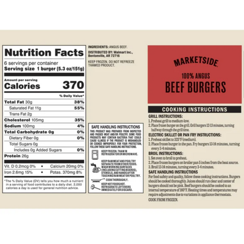 Marketside 100% Angus Beef Burgers, 2lb, 6 Count