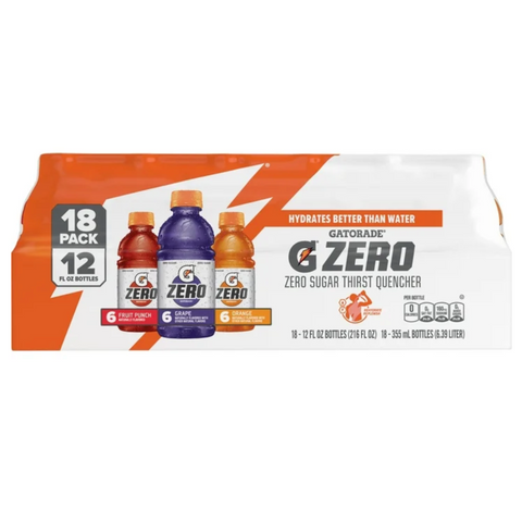 Gatorade Zero Sugar Sports Drinks, Fruit Punch/Grape/Orange Variety Pack, 12 fl oz, 18 Count