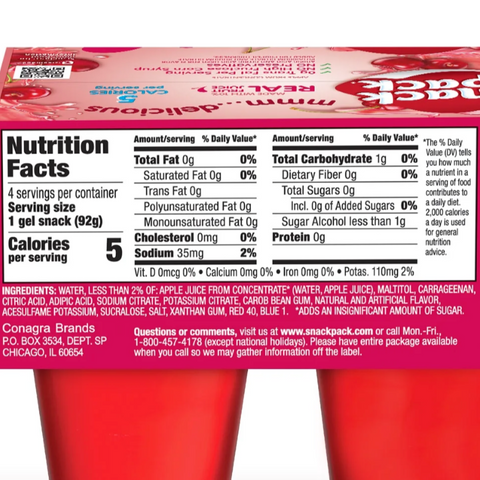Snack Pack Zero Sugar Cherry Flavored Juicy Gels, 3.25 oz Snack Cups, 4 Count