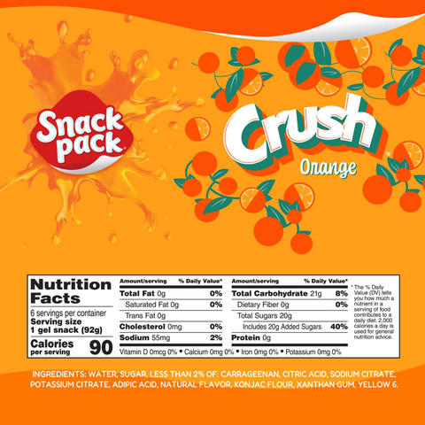 Snack Pack CRUSH Orange Flavored Juicy Gels, Orange Snack Cups, 3.25 oz. 6 Count