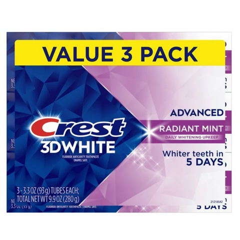Crest 3D White Advanced Teeth Whitening Toothpaste, Radiant Mint, 3.3 oz, 3 Count