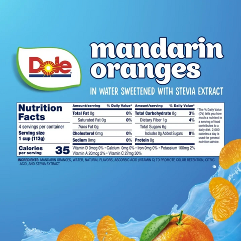 Dole Fruit Bowls, No Sugar Added Mandarin Oranges, 4 Cups