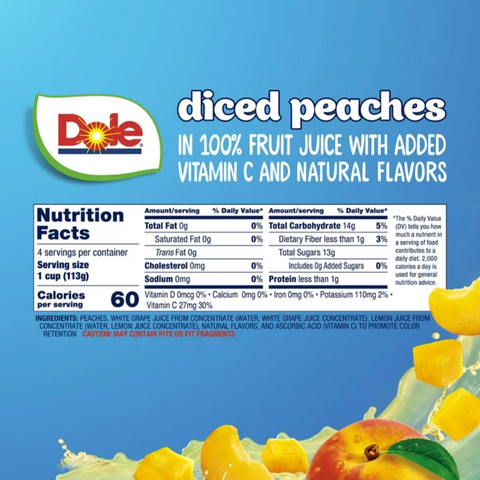 Dole Fruit Bowls, Diced Peaches, 4 Cups