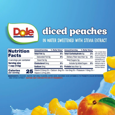 Dole Fruit Bowls, No Sugar Added Diced Peaches, 4 Cups