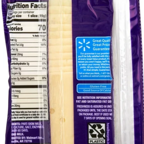 Great Value Swiss Deli Style Sliced Cheese, 8 oz 12 Slices
