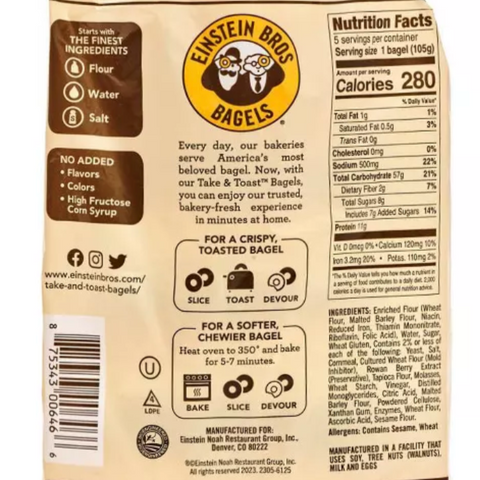 Einstein Bros Take & Toast Plain Bagels, 18.5oz, 5 Count