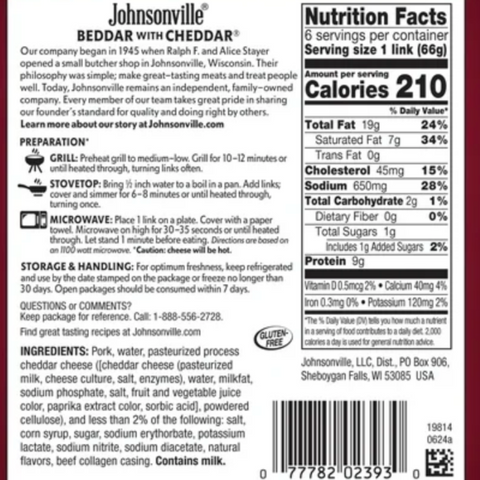 Johnsonville Beddar with Cheddar Smoked Sausage, 14 oz, 6 Count