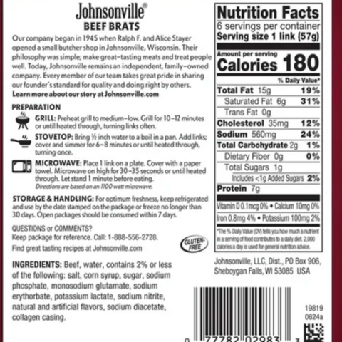 Johnsonville Smoked Beef Bratwurst, 12 oz, 6 Count