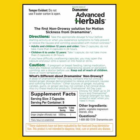 Dramamine Advanced Herbals Non-Drowsy Motion Sickness Relief Capsules, 18 Count