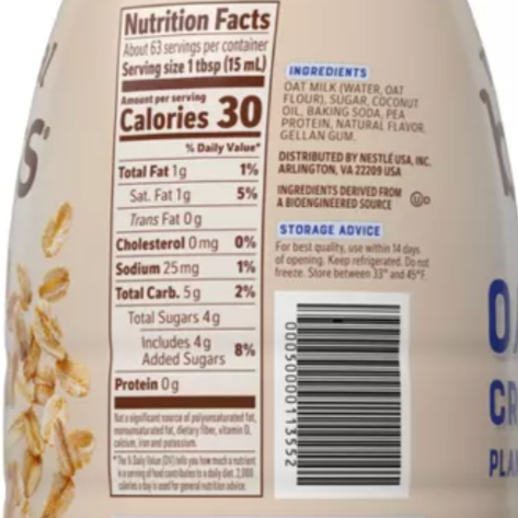 Coffee Mate Natural Bliss Plant Based Vanilla Oat Milk Creamer, 32 fl oz.