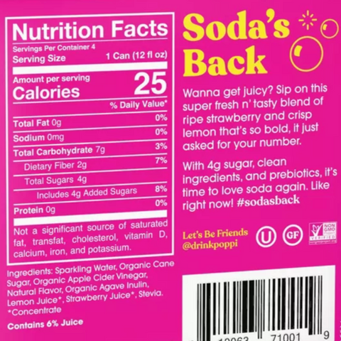 Poppi Strawberry Lemon Prebiotic Soda, 12 fl oz, 4 Count