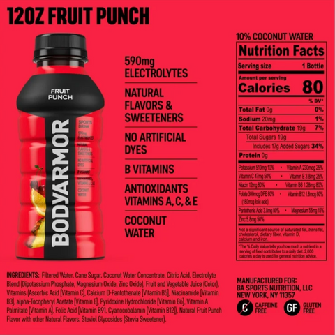 BodyArmor Fruit Punch Electrolyte Sports Drink, 12 fl oz, 8 Ct