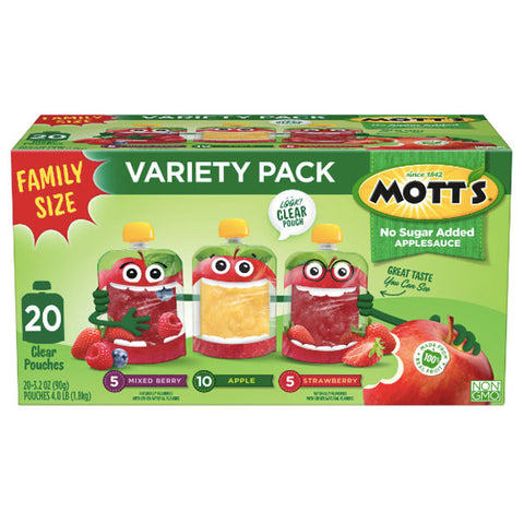 Mott's No Sugar Added Applesauce Variety Pack, 3.2 oz clear pouches, 20 Count
