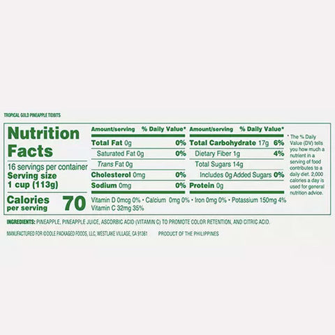 Dole Tropical Gold Premium Pineapple Tidbits, 4 oz. 16 Count