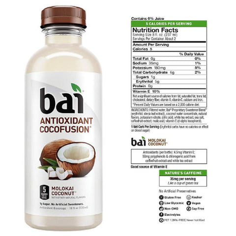 Bai Flavored Water, Malokai Coconut, 18 Fl oz. Bottles, 6 Ct - Water Butlers