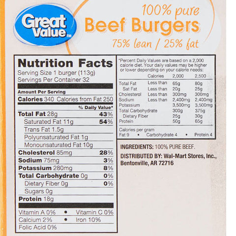 Great Value 100% Pure Beef Patties, 8 lb, 32 Count