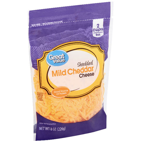 Great Value Shredded Mild Cheddar Cheese, 8 oz - Water Butlers