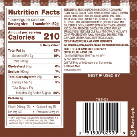 Smucker's Chocolate Hazelnut Uncrustables Sandwich, 10 Count - Water Butlers