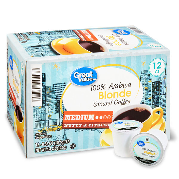 Great Value 100% Arabica Blonde Medium Ground Coffee Pods, 12