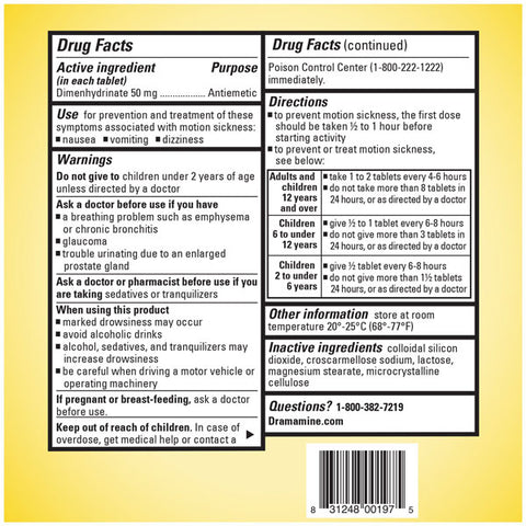 Dramamine Motion Sickness Original, Travel Vial, 12 Count