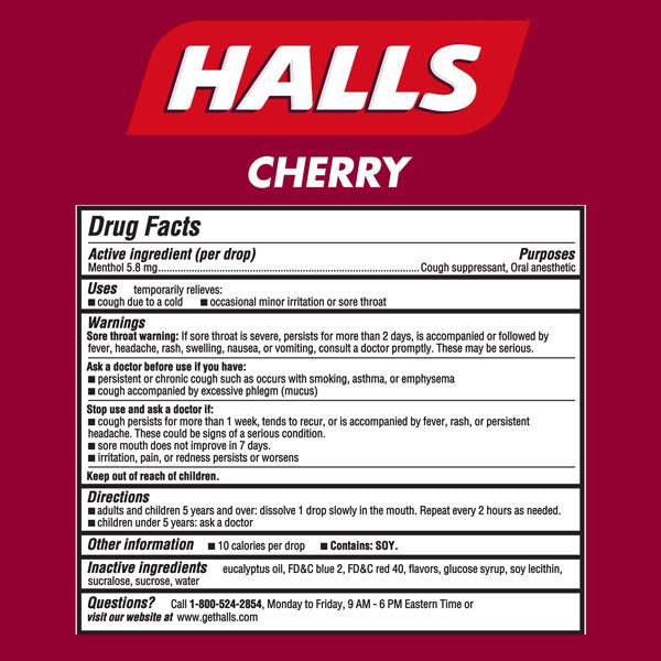 HALLS Relief Cherry Cough Drops, 30 Drops