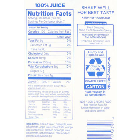 Dole Pineapple Orange 100% Juice, 59 fl oz.