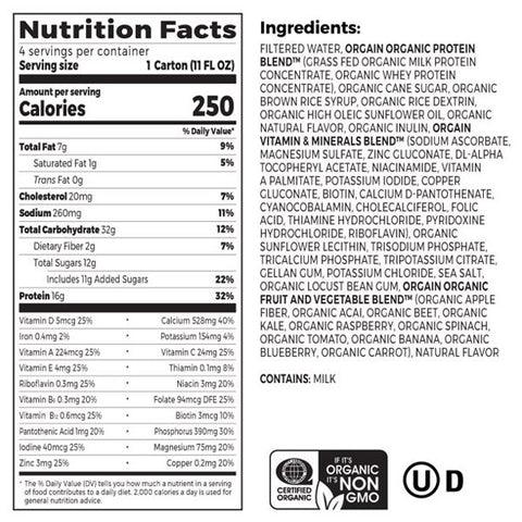 Orgain Organic Grass-Fed Protein Shake, Sweet Vanilla Bean, 11 oz, 4 Ct