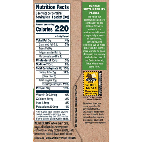 Quaker Protein Instant Oatmeal, Apples & Cinnamon, 6 Ct