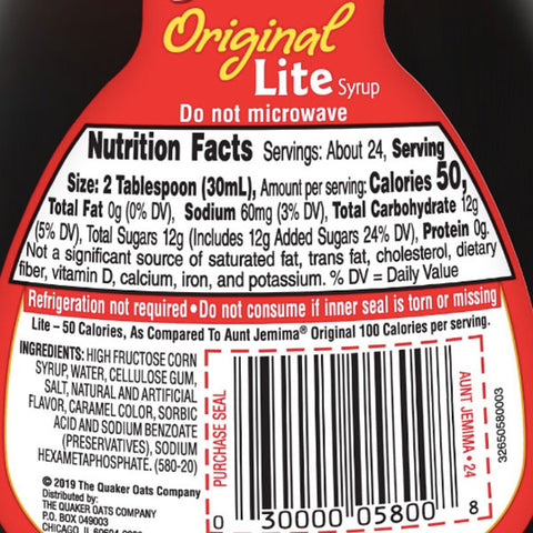 Aunt Jemima Original Lite Syrup, 24 oz - Water Butlers