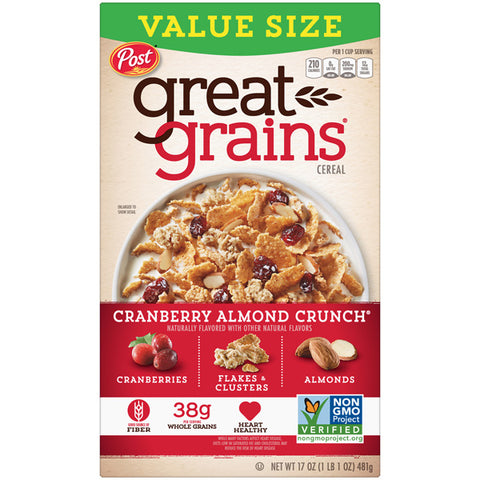 Post Great Grains Cranberry Almond Crunch Breakfast Cereal, Family Size, 17 oz