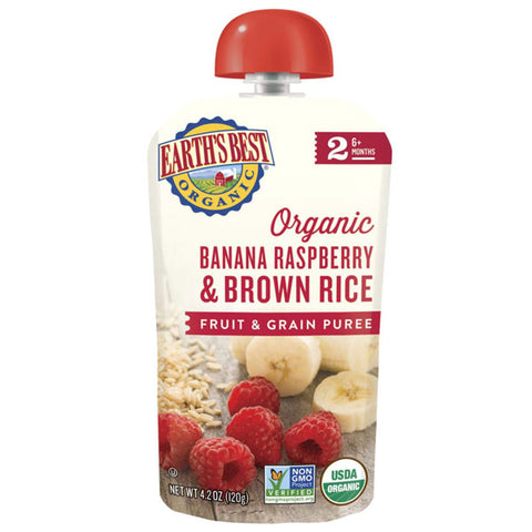 Earth's Best Organic Stage 2 Baby Food, Banana Raspberry & Brown Rice, 8 Count