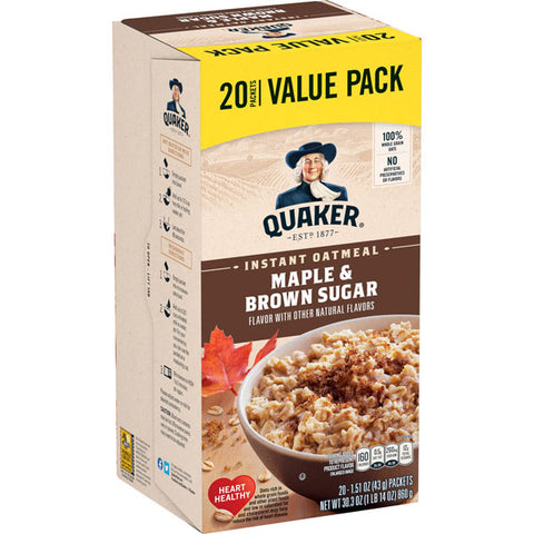 Quaker Instant Oatmeal, Maple & Brown Sugar Value Pack, 20 Ct