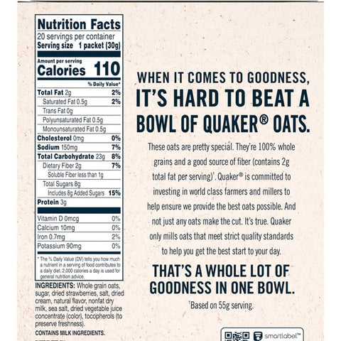 Quaker Instant Oatmeal, Strawberries And Cream Value Pack, 20 Ct