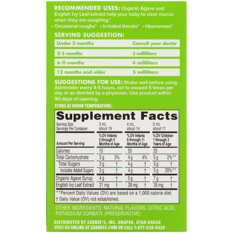 Zarbee's Naturals Baby Cough Syrup + Mucus with Agave & Ivy Leaf, Grape, 2 fl oz