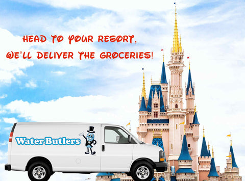 Water Butlers grocery delivery to Disney World resort with bottled water, snacks, diapers, and essentials for a family vacation