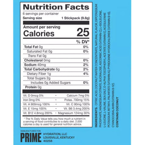 Prime Hydration+ Blue Raspberry Sticks, 9.8g, 6 Count