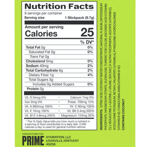 Prime Hydration+ Lemon Lime Sticks, 9.8g, 6 Count