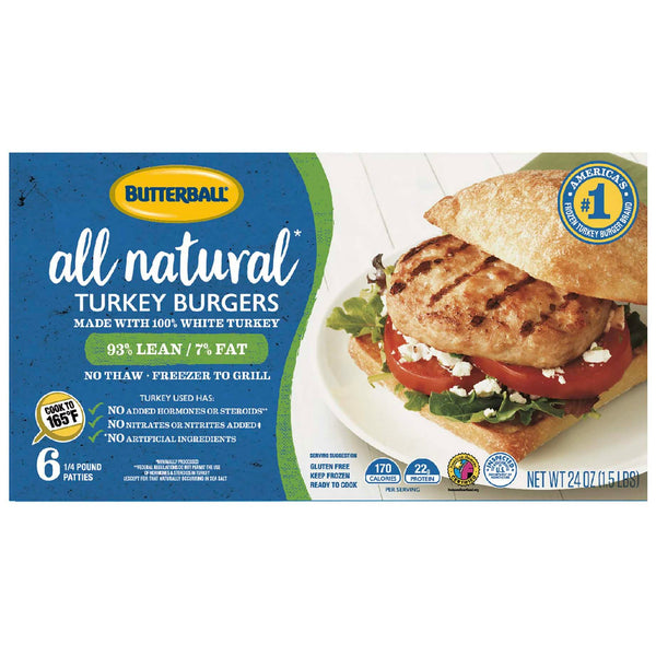 Butterball All Natural Frozen White Turkey Burgers, 24 oz. 6 Count