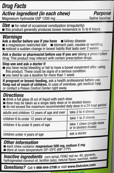 Dulcolax Kids Saline Laxative Soft Chews, Watermelon Flavor, Magnesium Hydroxide 1200 mg, 15 Count
