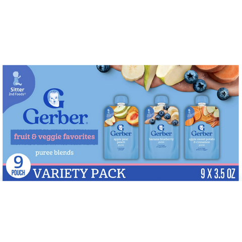 Gerber Toddler Food Snack, Fruit and Veggie Smoothie Puree Variety Pack, 3.5 oz, 9 Count