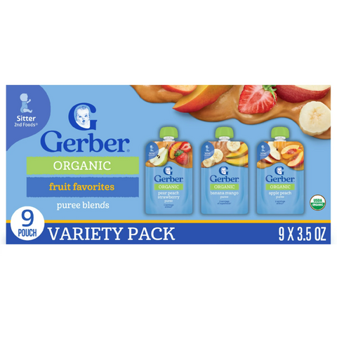 Gerber Stage 2 Baby Food, Organic Fruit Puree Smoothie Variety Pack, 3.5 oz 9 Count