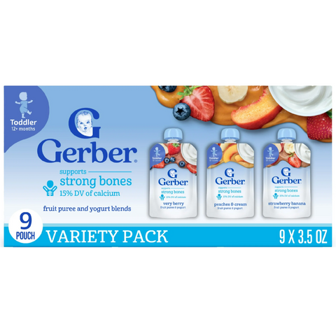 Gerber Toddler Food, Fruit and Yogurt Smoothie Puree, Variety Pack, 3.5 oz, 9 Count