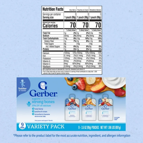 Gerber Toddler Food, Fruit and Yogurt Smoothie Puree, Variety Pack, 3.5 oz, 9 Count